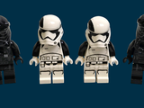 cinq figurines Lego Star Wars alignées sur un fond bleu