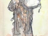 a drawing of a man holding a bag and a spoon