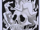 drawing of a skull with a woman sitting on top of it and a man sitting on top of it