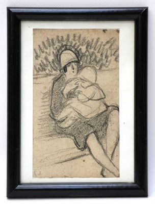 drawing of a woman sitting on a bench with her arms crossed
