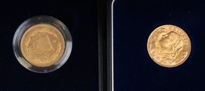 two gold coins are in a black box on a black surface