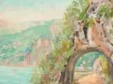 a painting of a tunnel on the side of a mountain