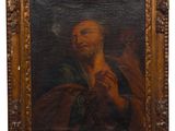 un vieux tableau représentant un homme tenant une croix dans sa main droite
