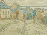 painting of a group of people standing around a tent in a village