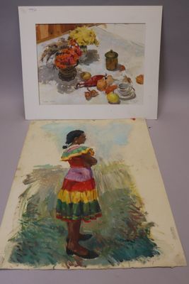two paintings of a woman in a colorful dress and a painting of a child