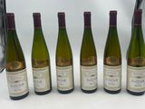 six bouteilles de vin sont alignées sur une table