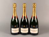 Trois bouteilles de vin mousseux sont alignées sur une table