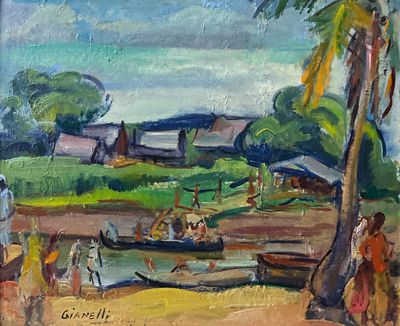 a painting of people on a beach near a body of water