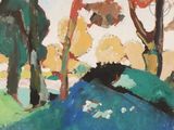 une image représentant un tableau où l'on voit des arbres et une rivière dans un champ