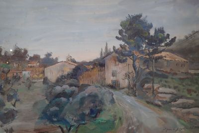 an oil painting of a country road with houses in the distance