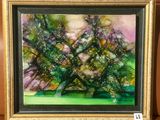 an oil painting of a tree in a frame on a shelf