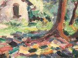 a painting of a white house in the woods