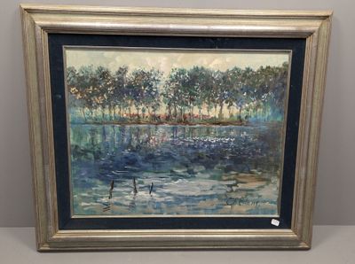 tableau représentant deux cygnes dans un étang, avec des arbres en arrière-plan