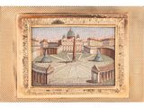 painting of a view of a city with a clock tower in the center