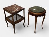 two side tables with a marble top and a wooden base