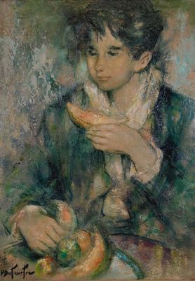 tableau représentant une femme en train de manger un morceau de pain sur une table