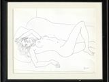dessin représentant une femme nue allongée sur un lit, les jambes croisées
