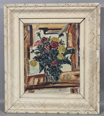 painting of a vase of flowers on a table in front of a window