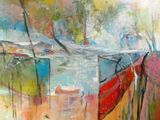 peinture abstraite représentant un bateau sur l'eau, avec une personne au premier plan