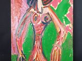un tableau représentant une femme vêtue d'une robe rouge et d'un chapeau vert