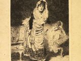 une vieille photo d'une femme debout devant un mouton