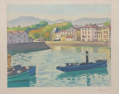 a painting of two boats in the water near a town