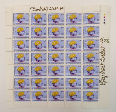 a picture of a sheet of stamps with a picture of a man holding a tennis racquet