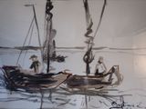 un tableau représentant un bateau avec des personnes à bord