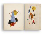 two paintings of different shapes and sizes on a white surface