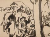 dessin d'un groupe de personnes assises autour d'une table dans une pièce