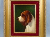 painting of a brown and white dog in a gold frame