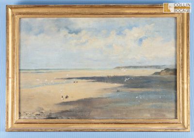 une peinture à l'huile représentant une scène de plage avec des personnes marchant sur le sable
