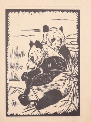 dessin représentant deux pandas assis sur une bûche dans l'herbe