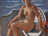 un tableau représentant une femme nue assise dans un bateau sur la plage