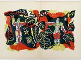 an open book with a drawing of a group of people on it