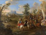 painting of a large group of people riding on horses in a field