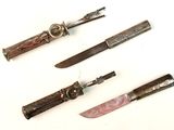 several different types of knives are displayed on a white surface