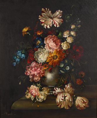 painting of flowers in a silver vase on a table with a black background