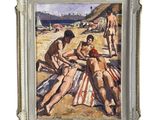 une image d'un tableau représentant un groupe de personnes sur une plage