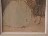 a drawing of a woman in a white dress and a man in a black suit