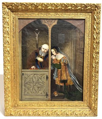 a painting of a man and a woman looking out of a window