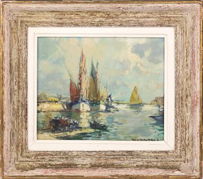 un tableau représentant des bateaux sur l'eau, avec le ciel en arrière-plan