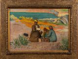 painting of three people sitting on a beach with a view of the ocean in the background