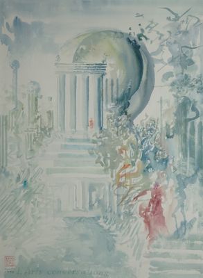 une aquarelle représentant une femme marchant dans la rue