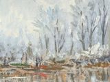 une peinture à l'huile représentant une rivière avec des arbres en arrière-plan