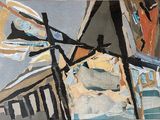 peinture abstraite représentant un bâtiment surmonté d'une horloge
