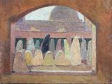 peinture d'un groupe de personnes devant un bâtiment