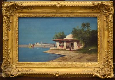 an oil painting of a beach scene with a boat in the water and a building in the background
