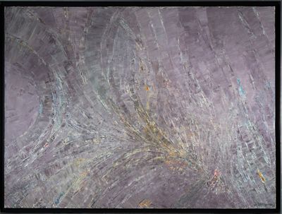 Peinture abstraite représentant un tourbillon violet et jaune, encadrée de noir