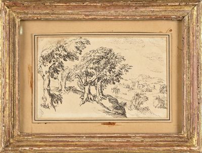 un dessin représentant un paysage avec des arbres au premier plan